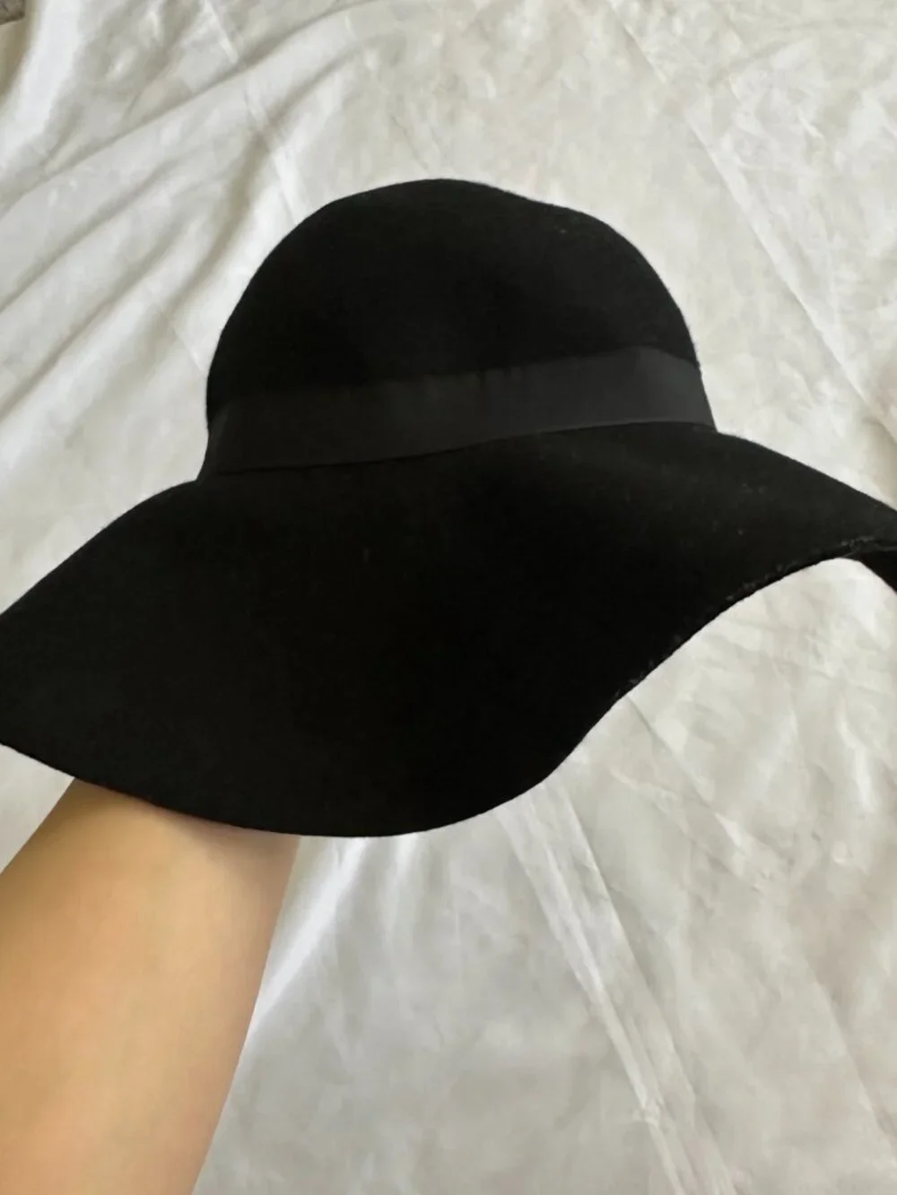 Black Felt Wide Brim Floppy Hat Women's Classic Ribbon Fedora Boho